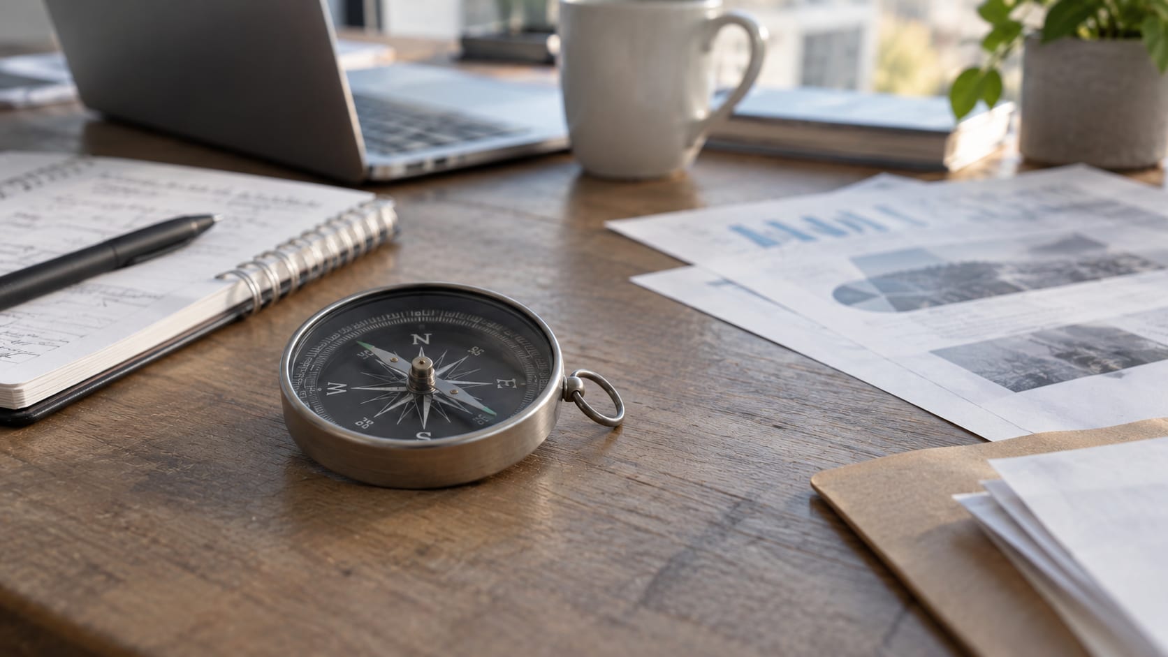 Boussole posée sur une table de travail, entourée de documents et de notes.