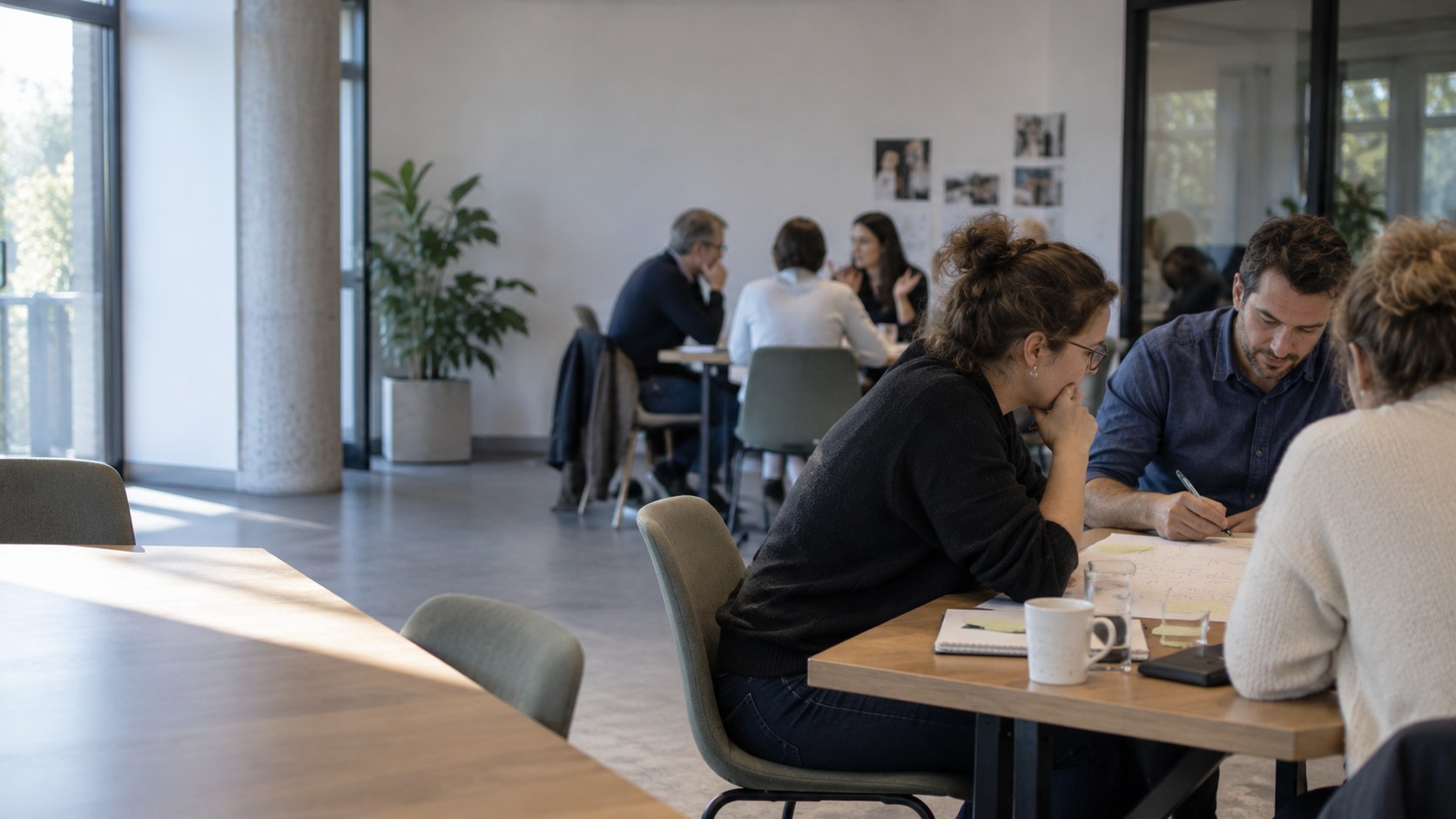 Un groupe de personnes en atelier de travail collectif autour d’une table, une main écrivant au stylo sur un document, carnet et tasse de café à proximité.