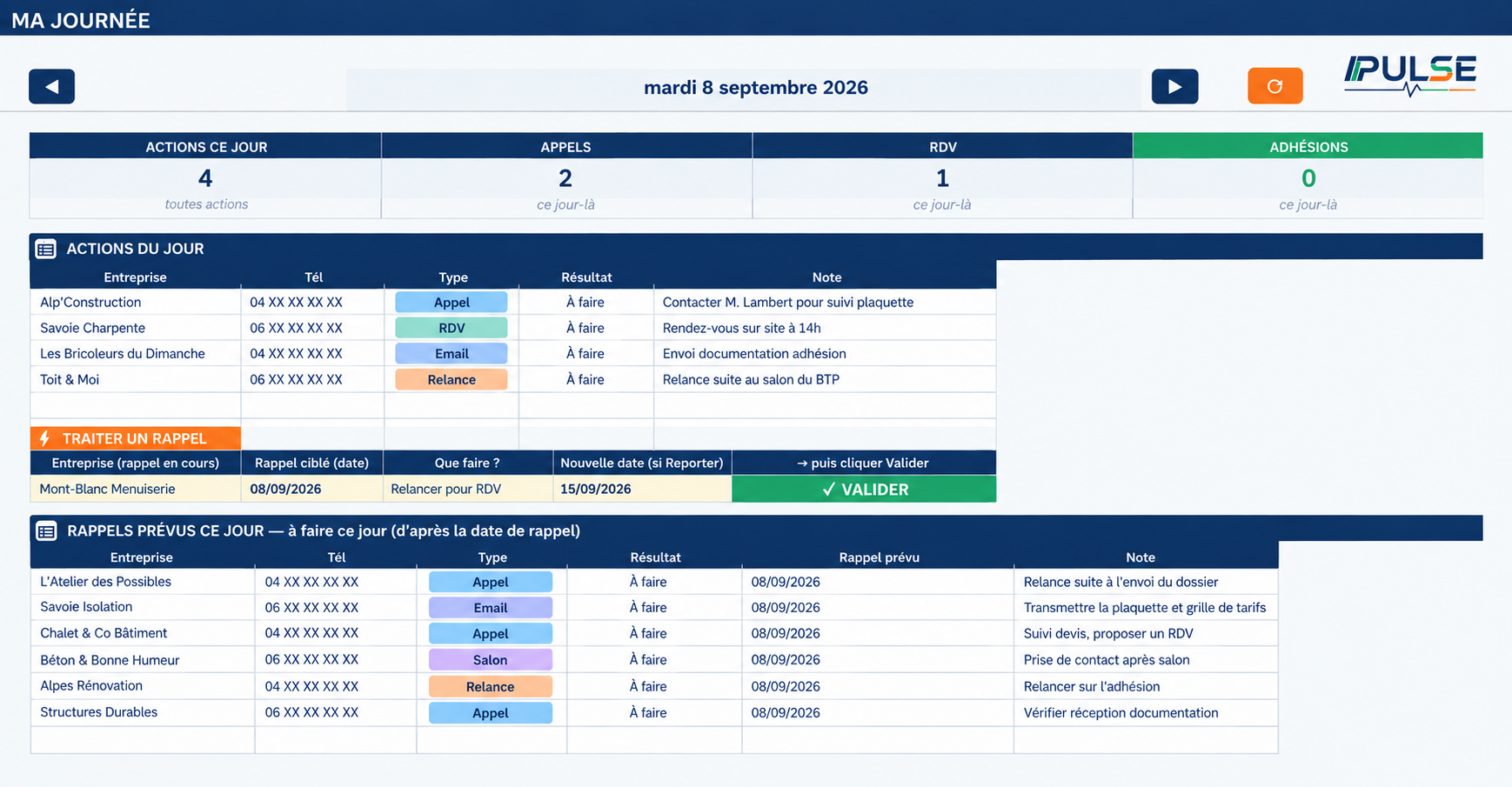 Interface PULSE — vue Ma journée avec actions, appels, rendez-vous et rappels commerciaux